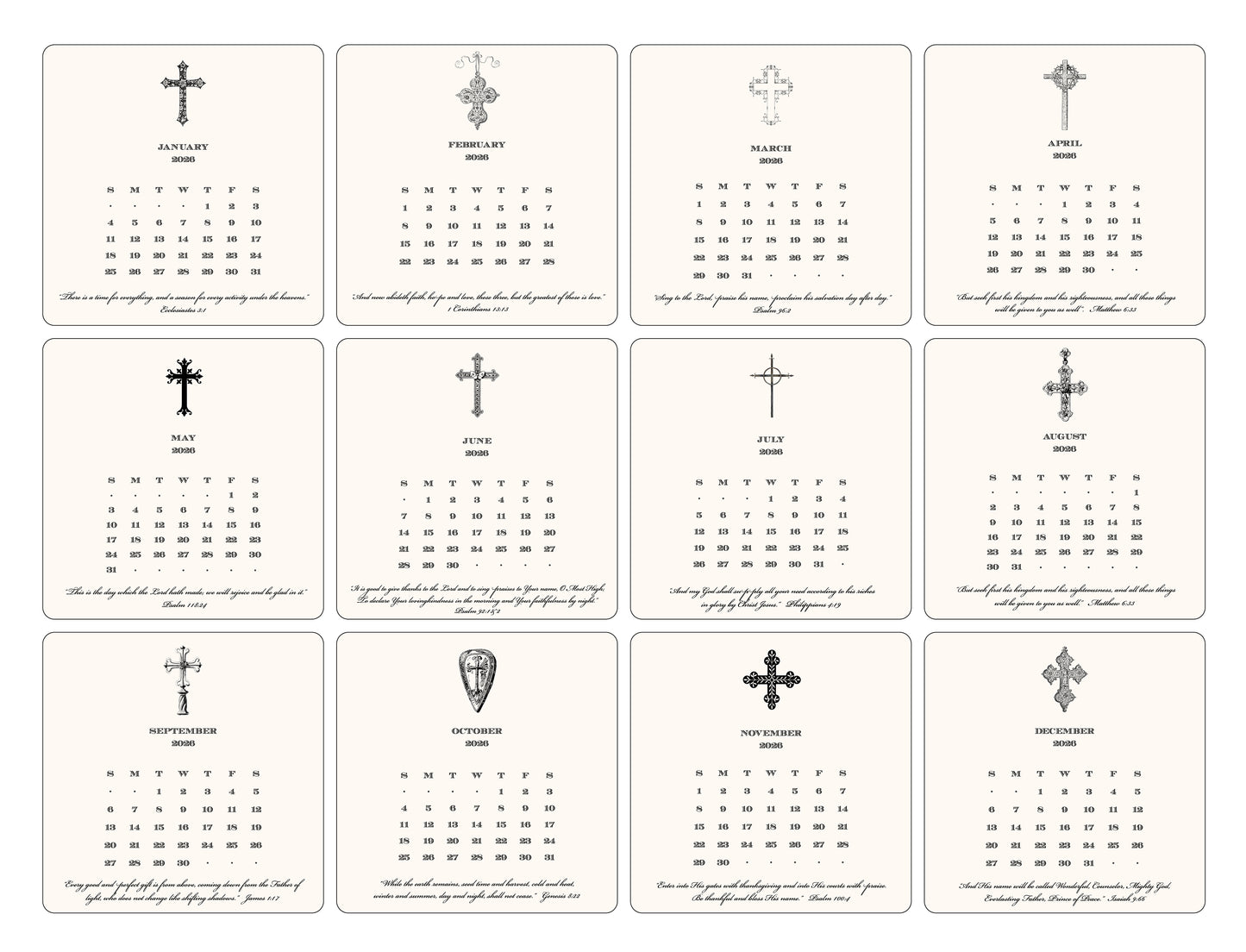 2026 Cross Calendar with Easel