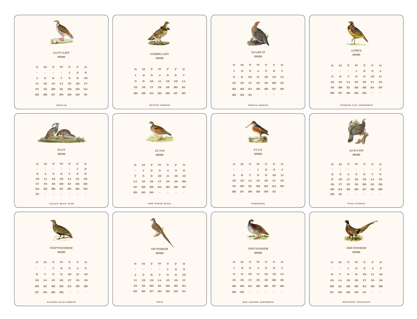 2026 Upland Bird Calendar with Easel