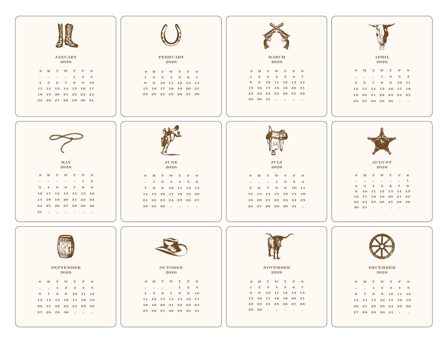 2026 Cowboy Calendar with Easel