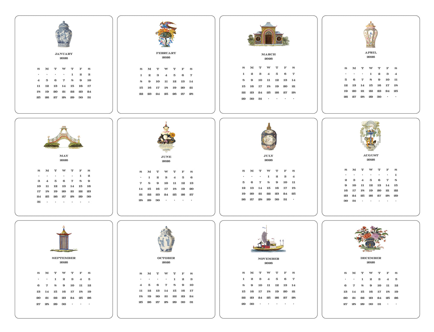 2026 Chinoiserie Calendar with Easel