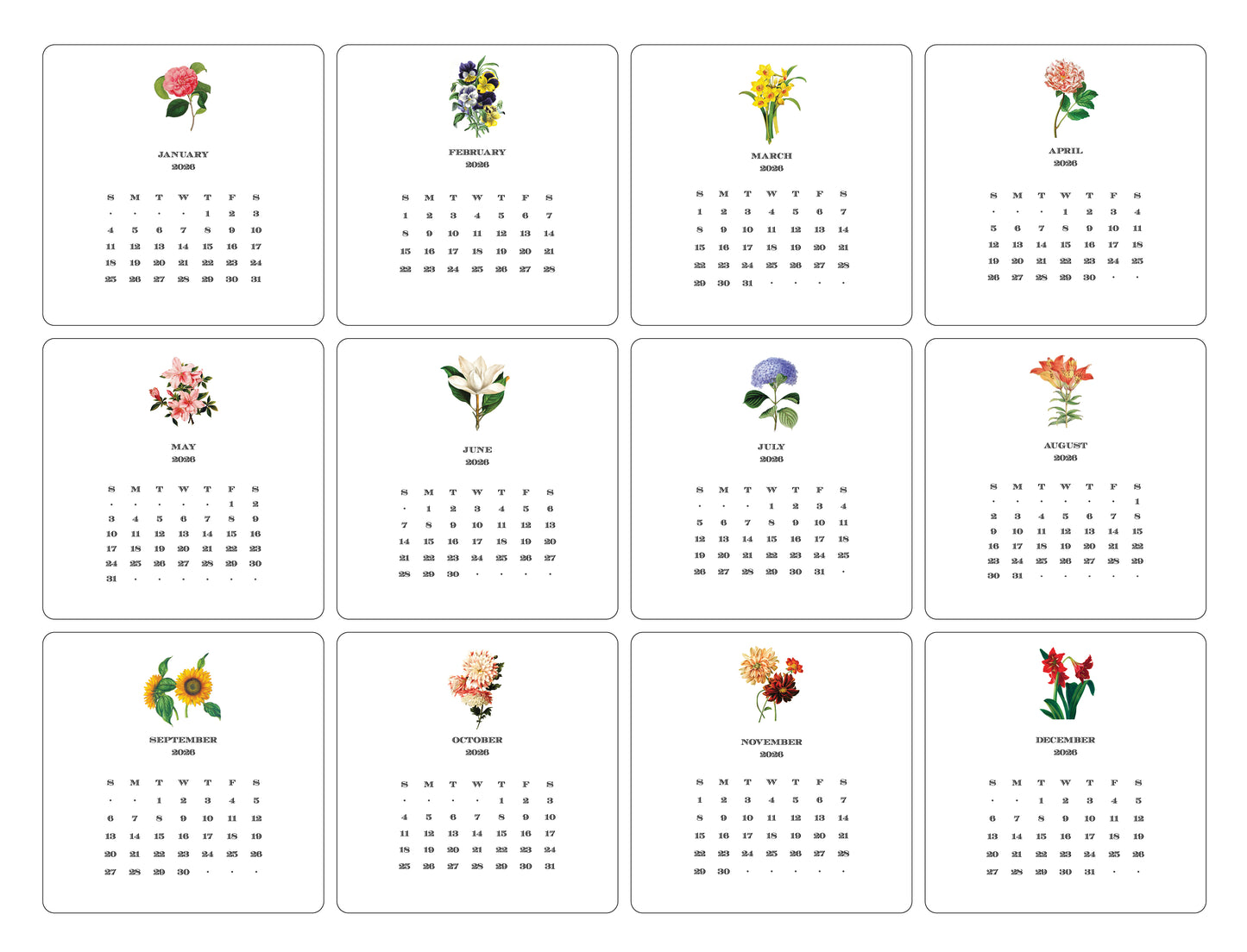 2026 Floral Calendar with Easel