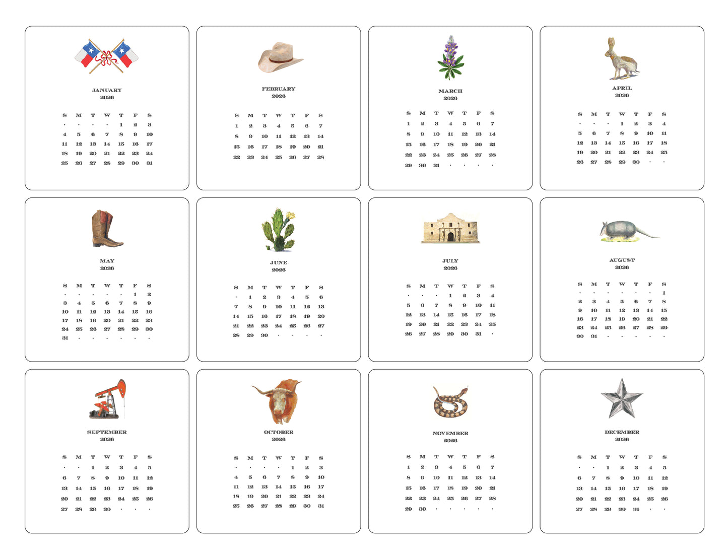 2026 Texas Calendar with Easel