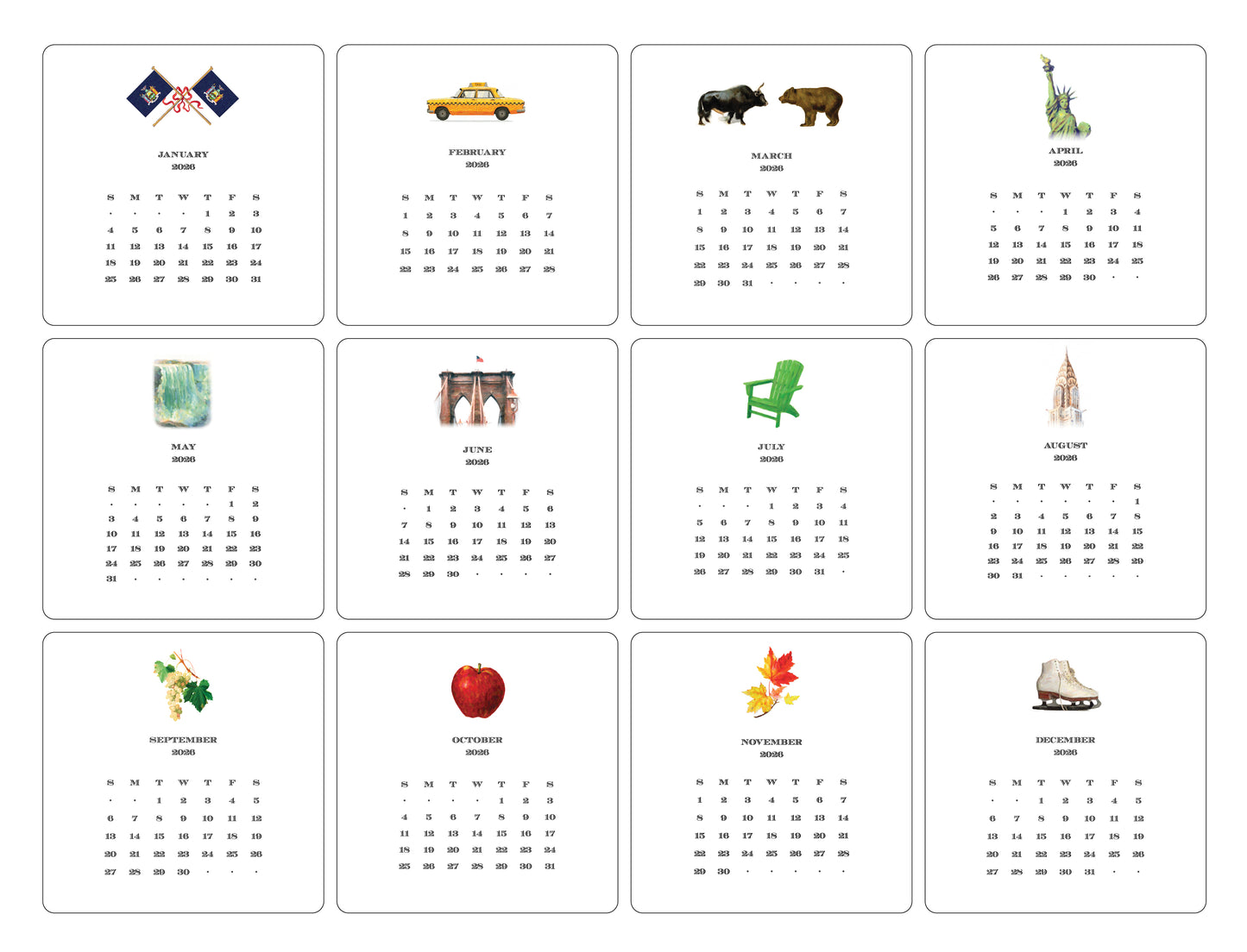 2026 New York Calendar with Easel