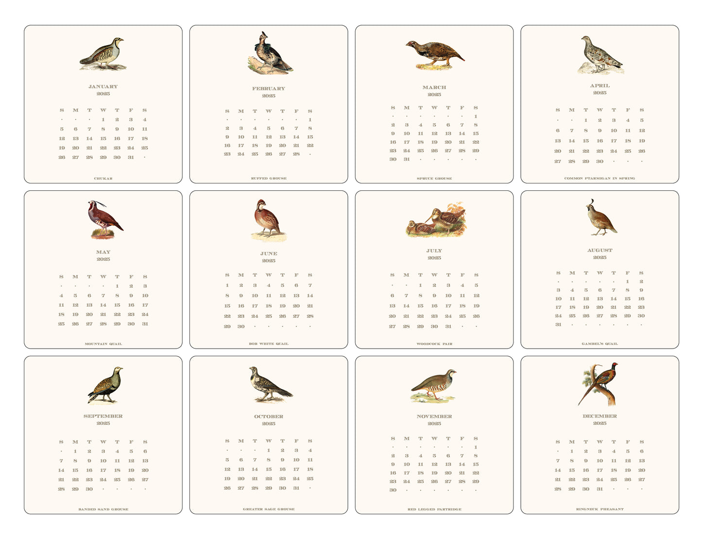 2025 Upland Bird Calendar with Easel