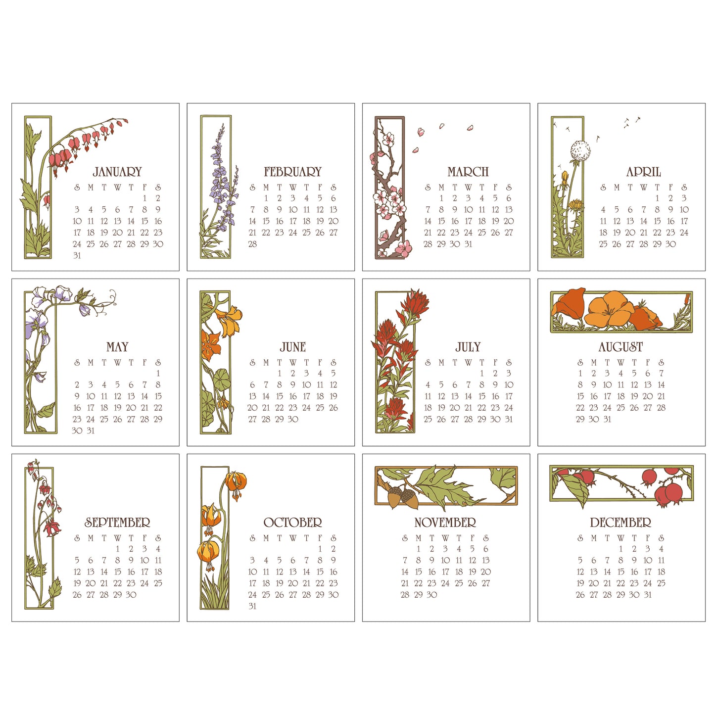 2027 Arts & Crafts Press Botanical Desk Calendar
