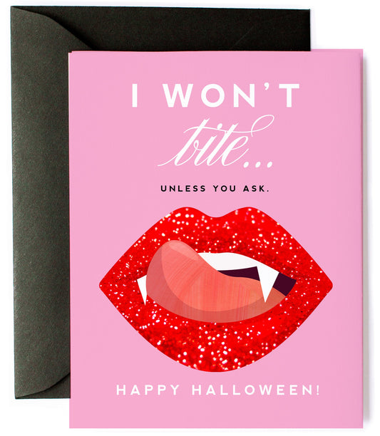 Vampire Bite, Pink Fashionable Funny Halloween Greeting Card