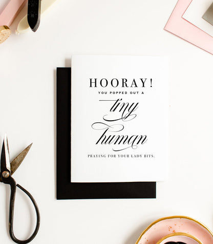 Tiny Human & Lady Bits, Funny Congrats New Baby Greeting Card